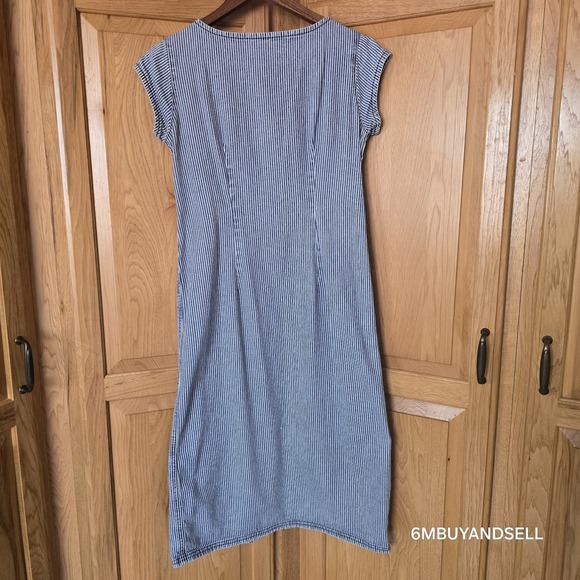 Isabella Bird Women's 4P Blue Railroad Striped Midi Sleeveless Button Down Dress - Picture 7 of 12